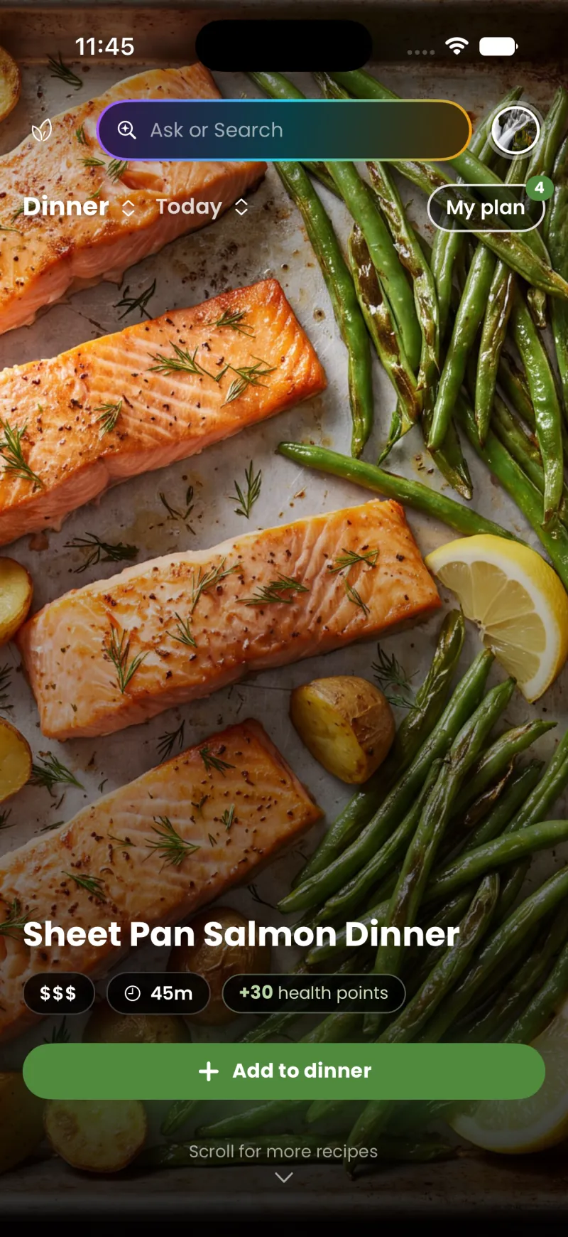 Food For Health recipe feed showing Sheet Pan Salmon Dinner