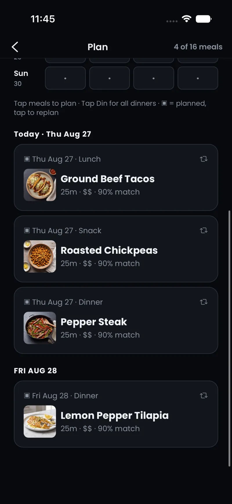 Food For Health weekly meal plan with tacos, steak, and tilapia