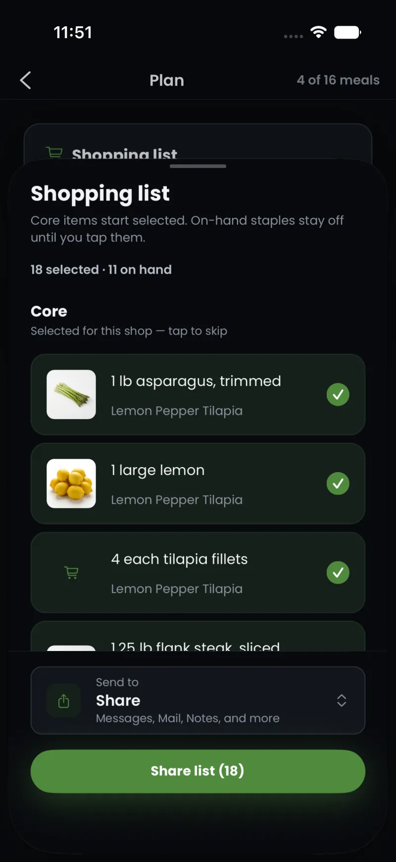 Food For Health shopping list with asparagus, lemon, and tilapia